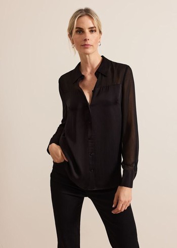 Phase Eight Inessa Mixed Media Satin Shirts Black Australia | FT3258460